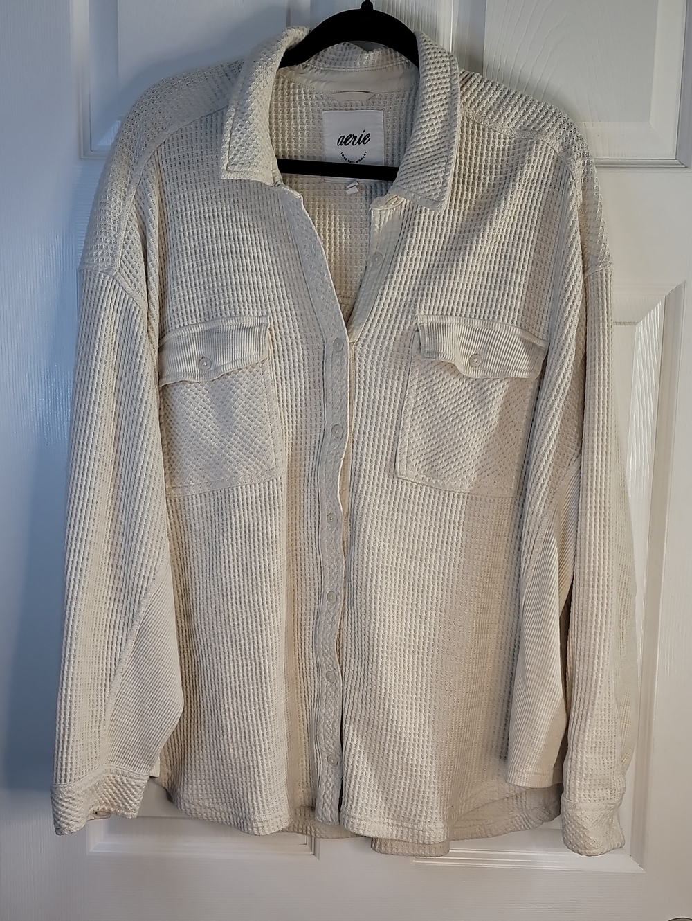 aerie Cream Waffle Knit Button-Down Shirt Jacket